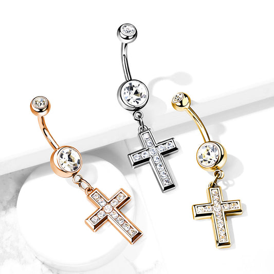 1pc CZ Gem Set Cross Belly Button Ring Pierced Navel Gold Plated Naval