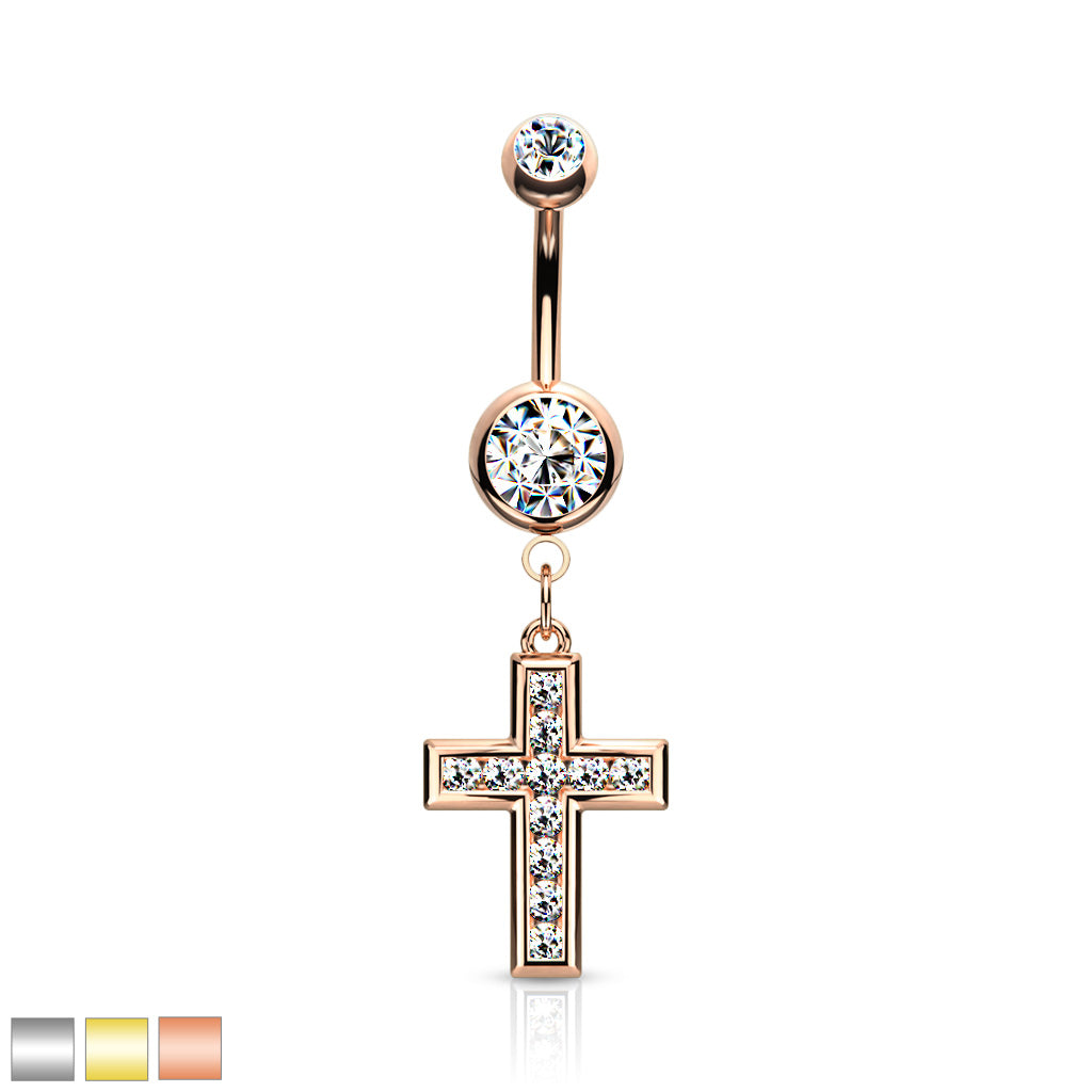 1pc CZ Gem Set Cross Belly Button Ring Pierced Navel Gold Plated Naval