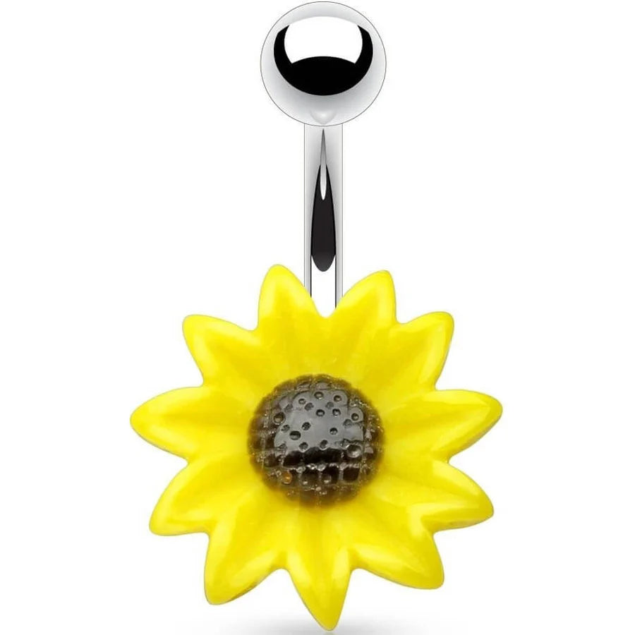 Yellow Sunflower Belly Ring Piercing Navel Naval Flower Surgical Steel Jewelry