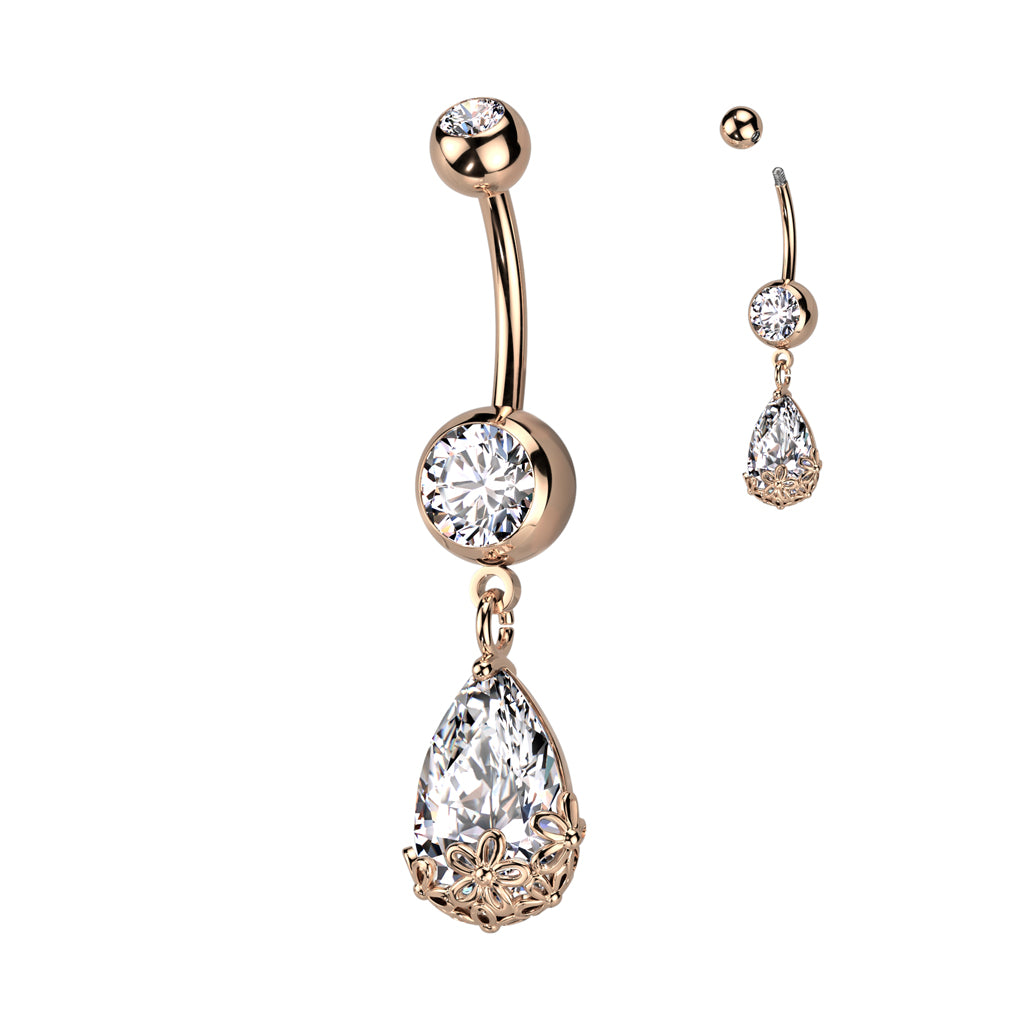 1pc Floral Filigree Tear Gem Belly Button Ring Pierced Navel Gold Plated Naval