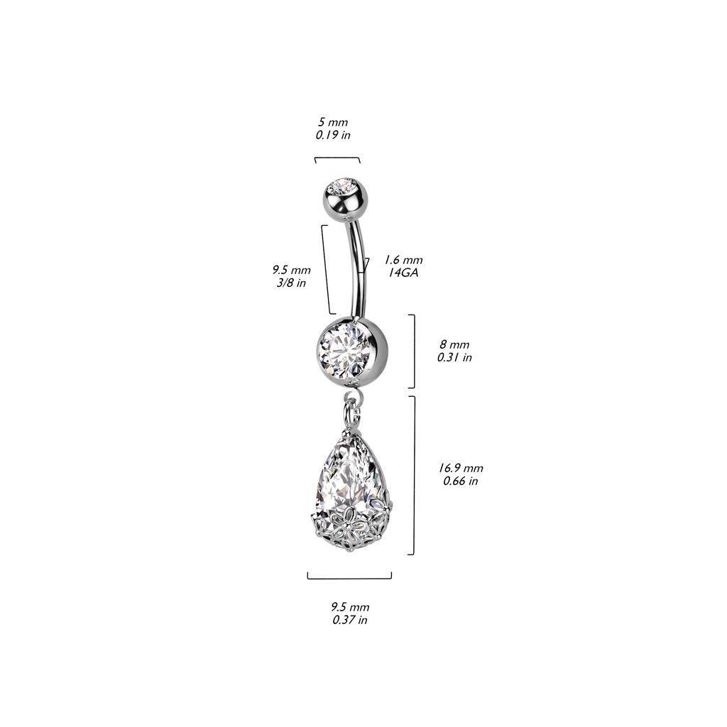 1pc Floral Filigree Tear Gem Belly Button Ring Pierced Navel Gold Plated Naval