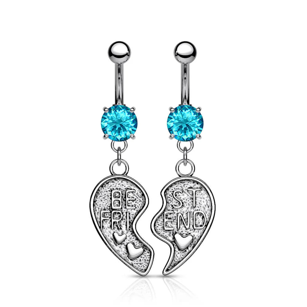 2pc Set of Best Friends Heart CZ Gem Belly Ring Set Pair Navel Piercing Naval