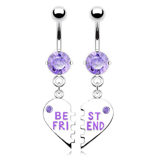 PAIR Best Friends Heart CZ Gem Belly Ring Set Navel Piercing Pierced Naval