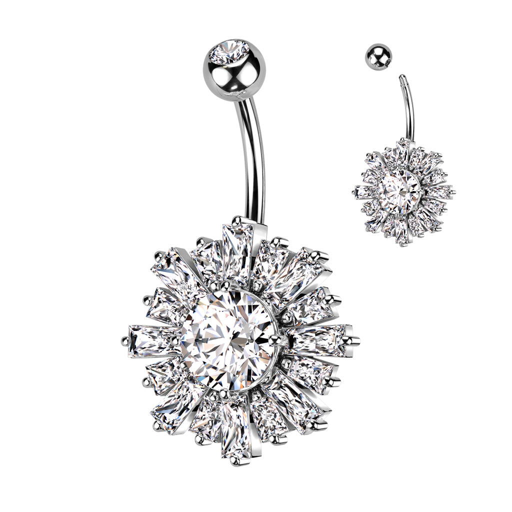 1pc Baguette CZ Gems Sunburst Belly Button Ring Pierced Navel Gold Plated Naval