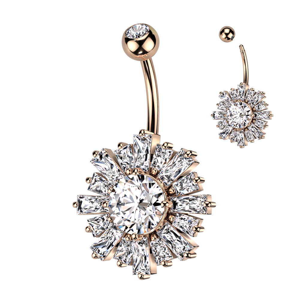 1pc Baguette CZ Gems Sunburst Belly Button Ring Pierced Navel Gold Plated Naval