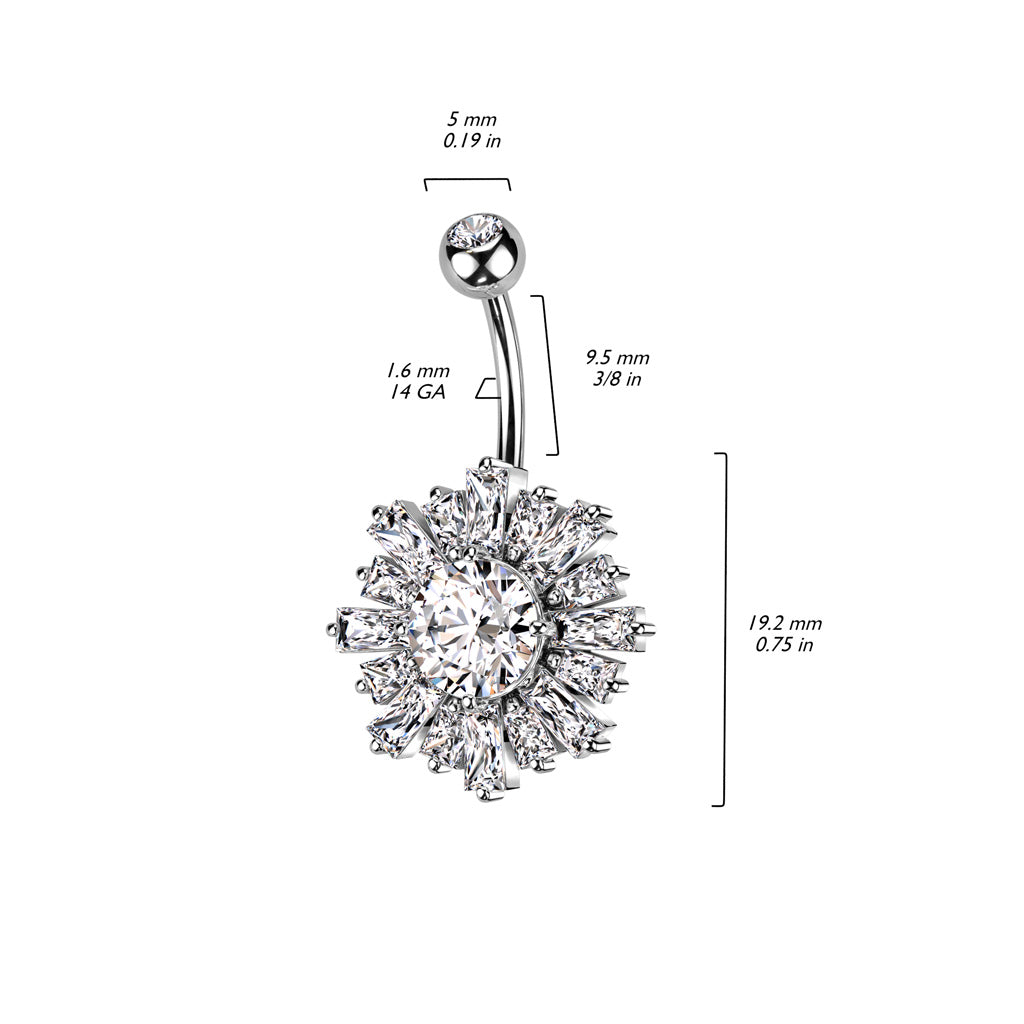 1pc Baguette CZ Gems Sunburst Belly Button Ring Pierced Navel Gold Plated Naval
