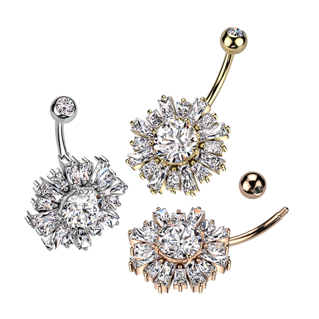 1pc Baguette CZ Gems Sunburst Belly Button Ring Pierced Navel Gold Plated Naval