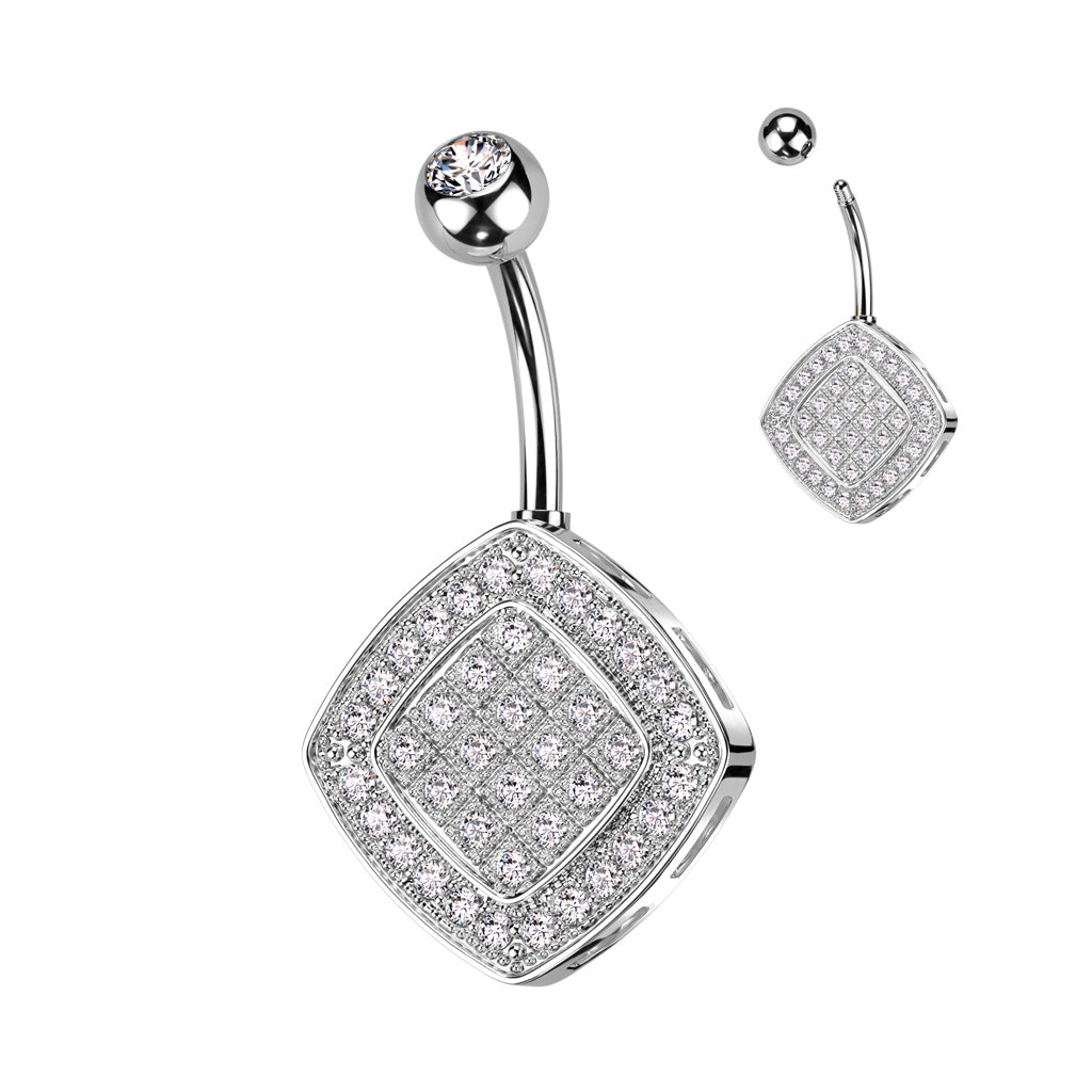 1pc Paved CZ Gems Square Belly Button Ring Pierced Navel Gold Plated Naval