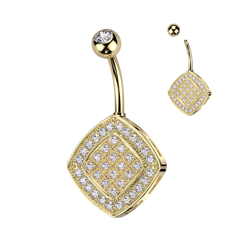 1pc Paved CZ Gems Square Belly Button Ring Pierced Navel Gold Plated Naval