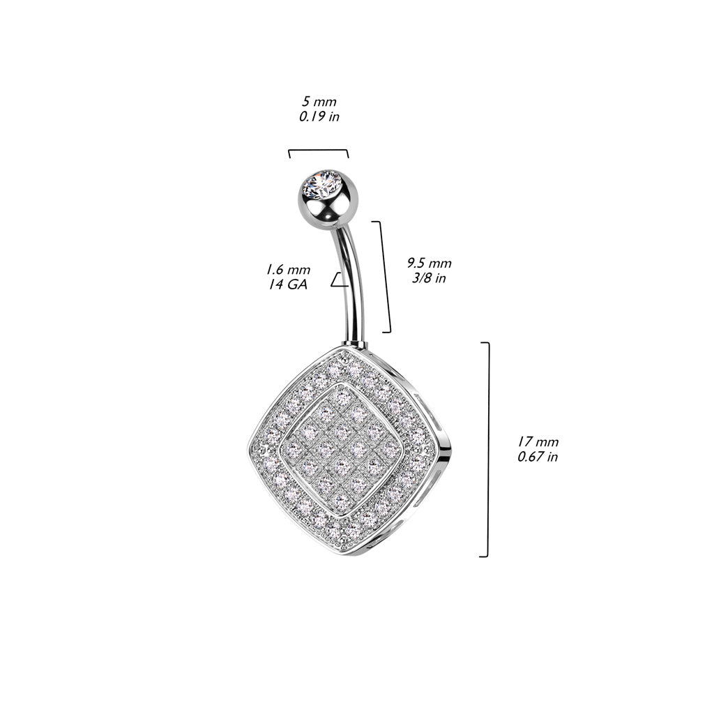 1pc Paved CZ Gems Square Belly Button Ring Pierced Navel Gold Plated Naval