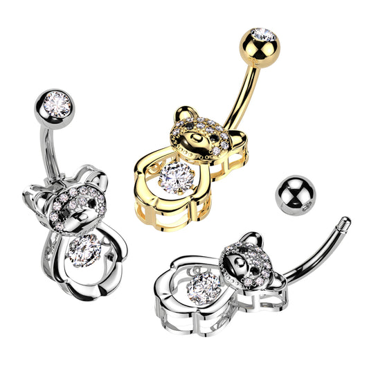 1pc CZ Gem Center Teddy Bear Belly Button Ring Pierced Navel Gold Plated Naval