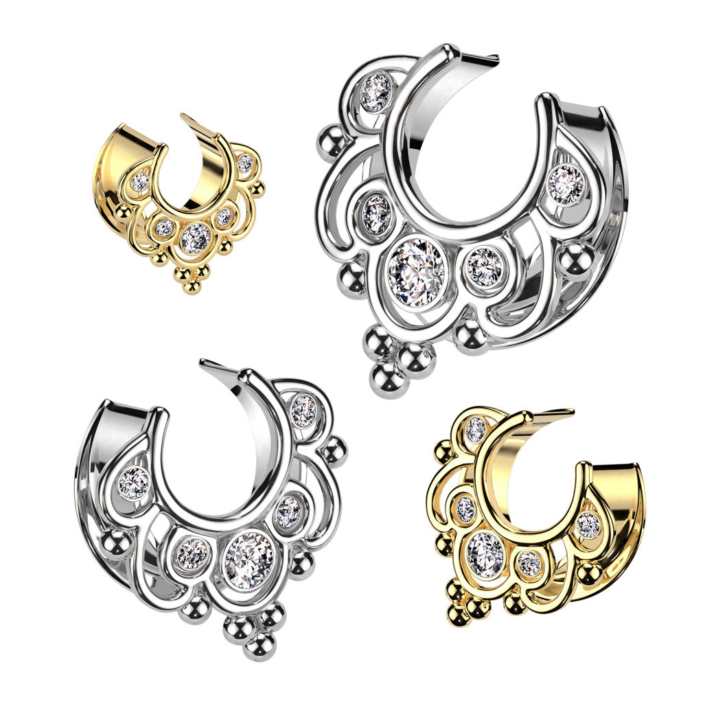 PAIR Floral Filigree CZ Gems Saddle Ear Spreader Surgical Steel Tunnels Plugs