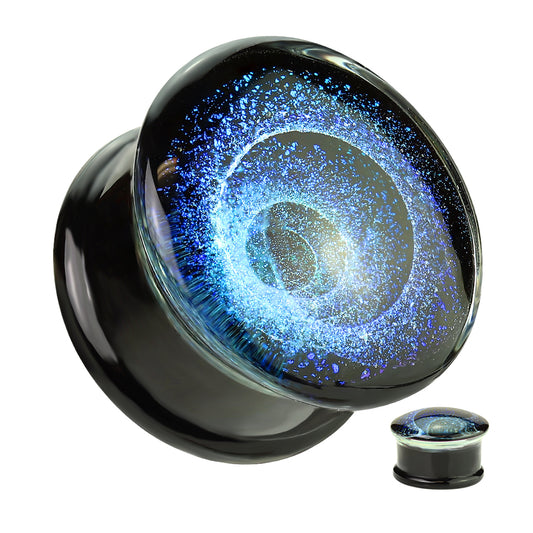 PAIR Blue Vortex Swirl Design Pyrex Glass Plugs Gauges Body Jewelry