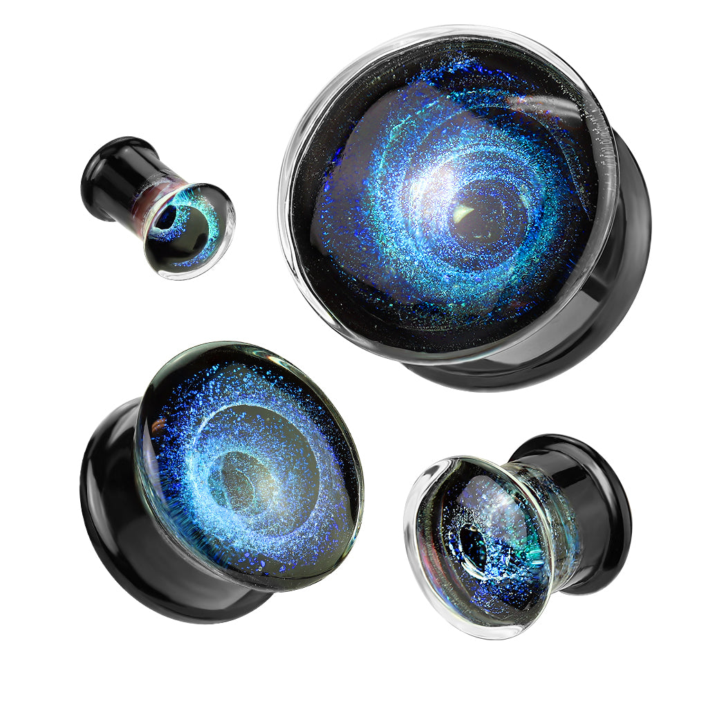 PAIR Blue Vortex Swirl Design Pyrex Glass Plugs Gauges Body Jewelry