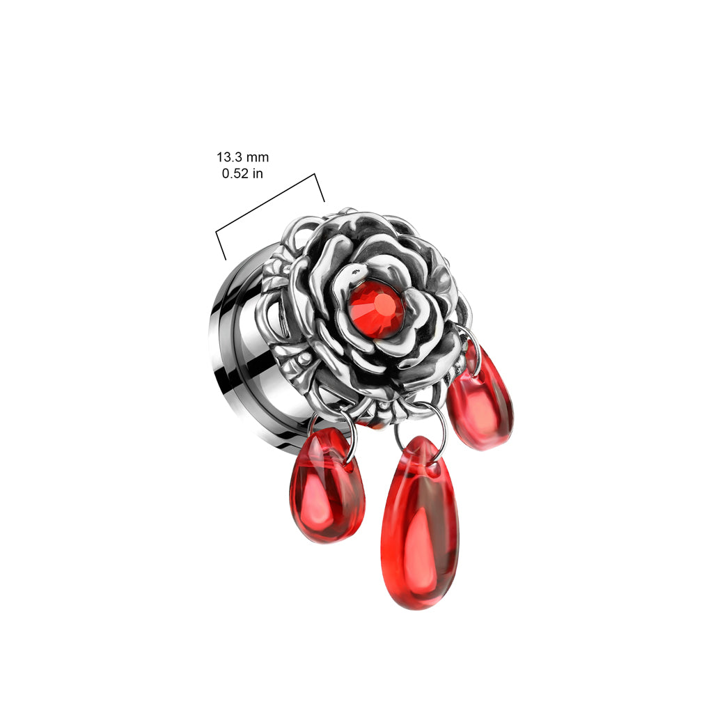 PAIR Gem Centered Flower w/ Red Glass Dangles Steel Screw Fit Tunnel Gauge Plugs