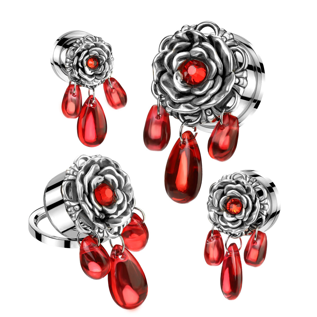 PAIR Gem Centered Flower w/ Red Glass Dangles Steel Screw Fit Tunnel Gauge Plugs