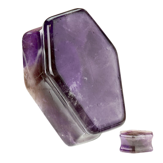 PAIR Amethyst Organic Stone Double Flare Coffin Shaped Plugs Amythest Gauges