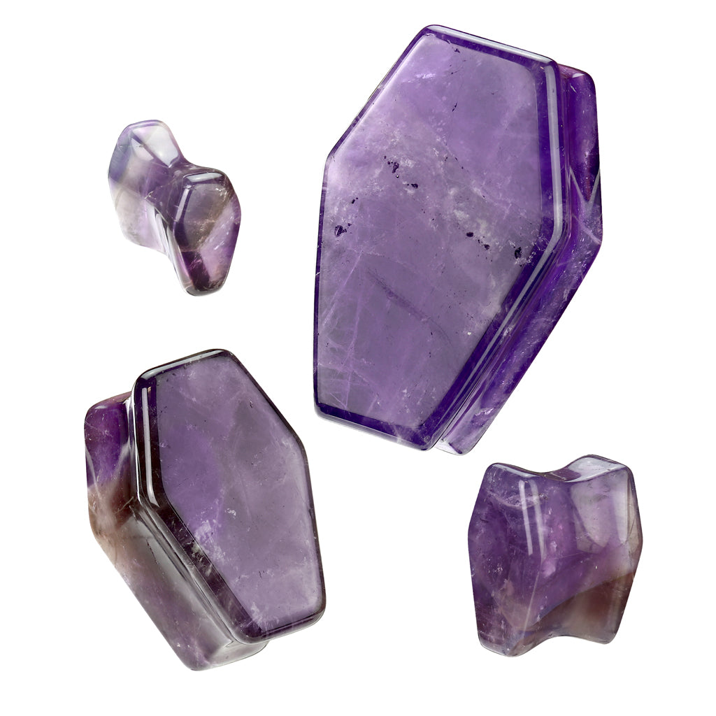 PAIR Amethyst Organic Stone Double Flare Coffin Shaped Plugs Amythest Gauges