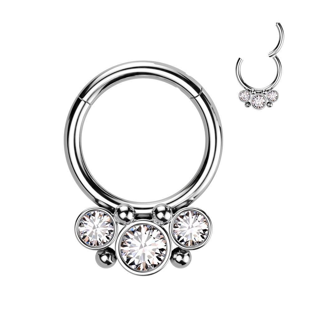 1pc Three Bezel Set Gems Hinged Segment Ring 16g Septum Clicker 316L Steel