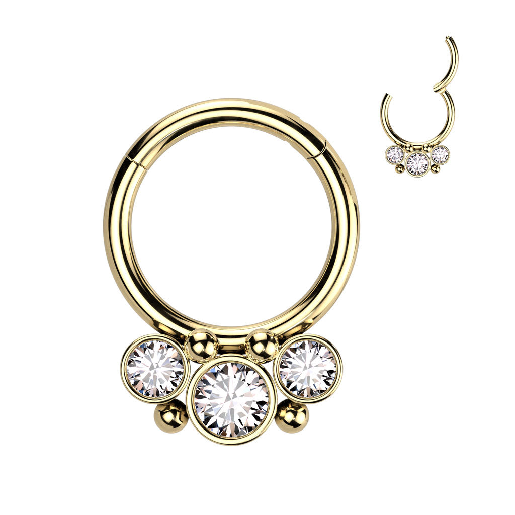 1pc Three Bezel Set Gems Hinged Segment Ring 16g Septum Clicker 316L Steel