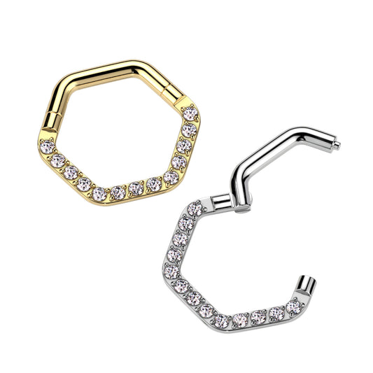 1pc CZ Gem Hexagon Hinged Segment Ring 16g Septum Clicker Helix Orbital Daith