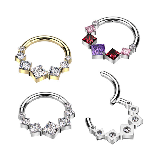 1pc Solid Titanium 7 Square CZ Gems Hinged Segment Ring Helix Septum Clicker