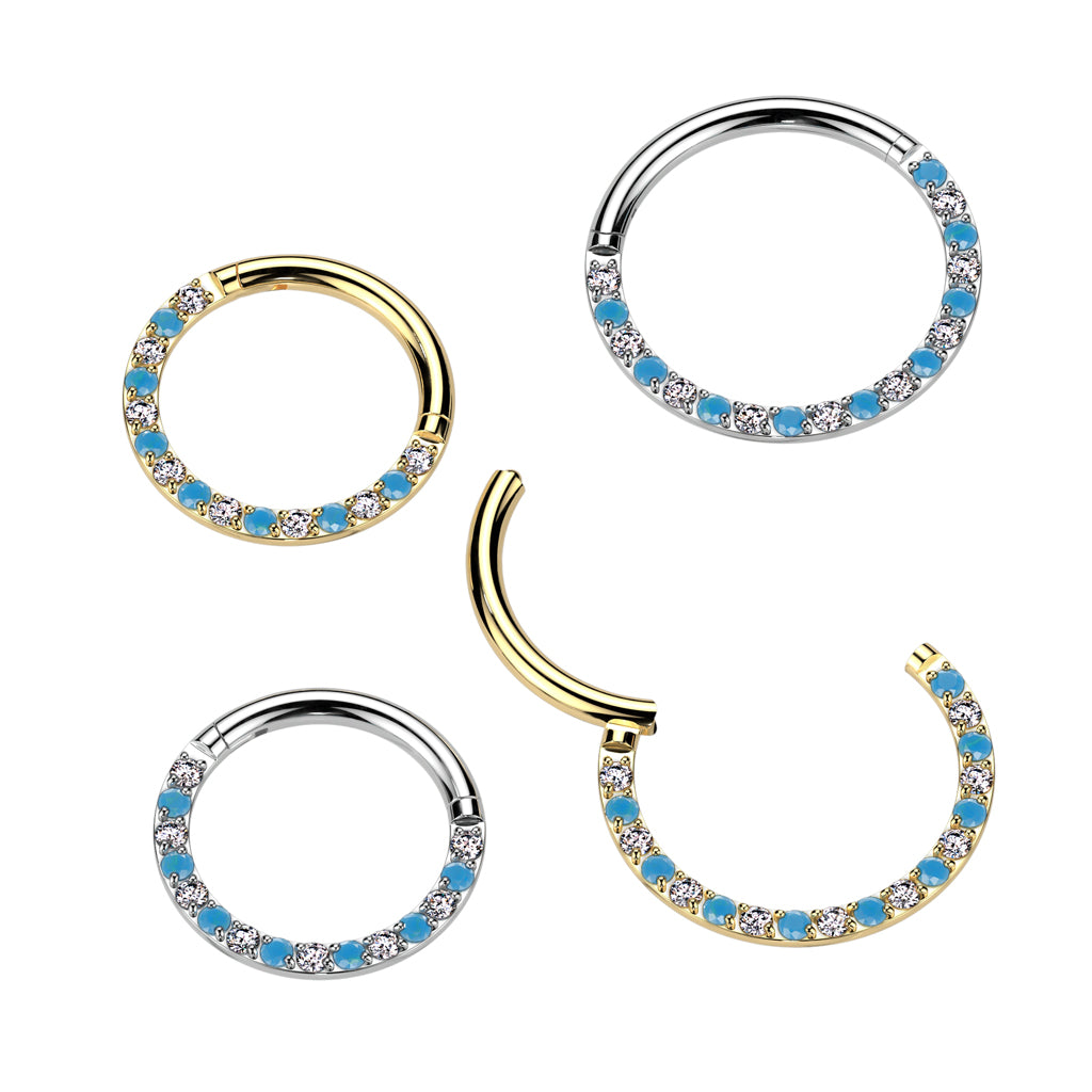 1pc Titanium Hinged Segment Ring Front Turquoise & Gems Septum Hoop Helix Daith