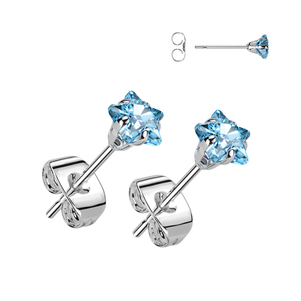 PAIR Star CZ Gem Stud Earrings 316L Surgical Steel, choose color & gem size