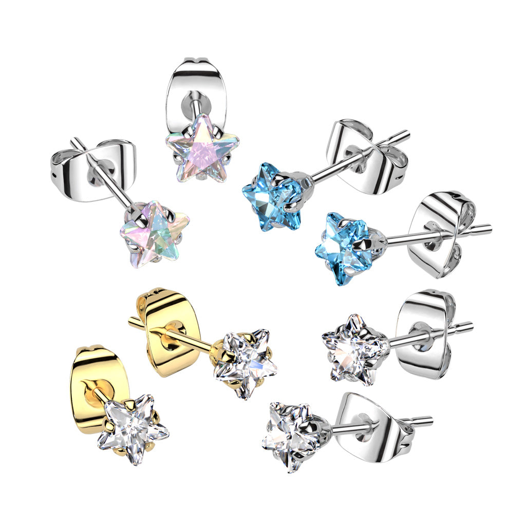 PAIR Star CZ Gem Stud Earrings 316L Surgical Steel, choose color & gem size