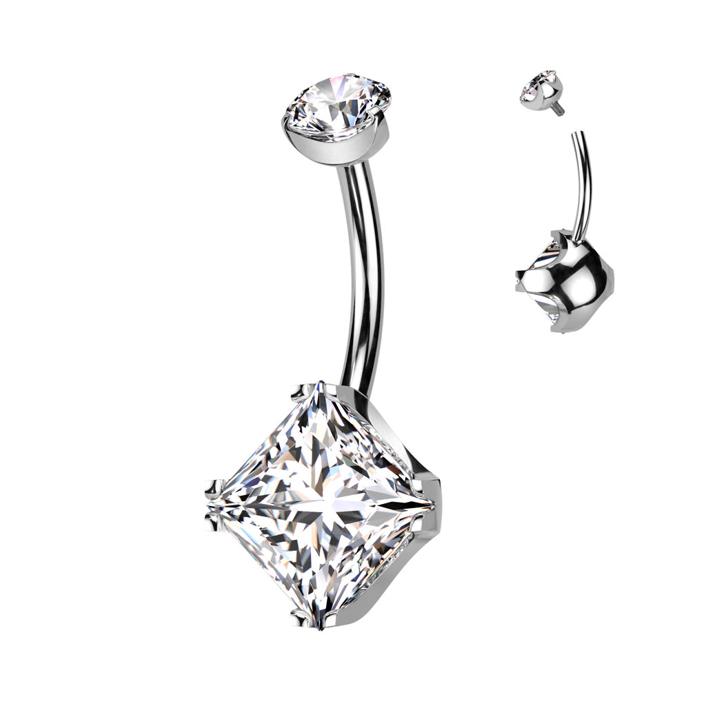 Solid Implant Grade Titanium Square CZ Gem Belly Button Ring 14g Navel Naval