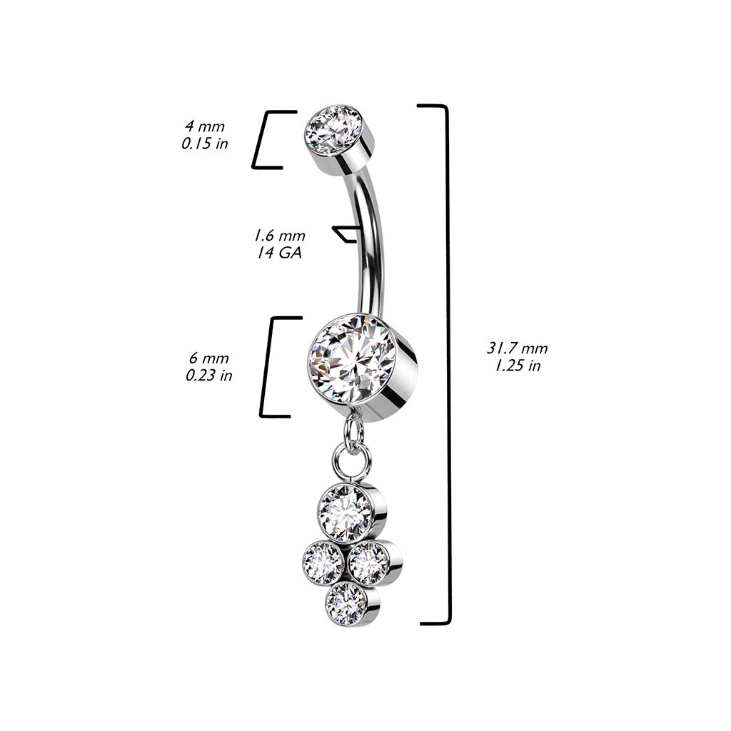 Solid Implant Grade Titanium 4-Gem Cluster Belly Button Ring 14g Navel Naval
