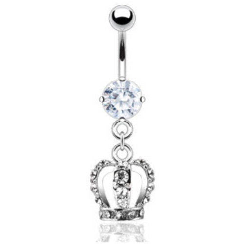 1pc Royal Crown Paved CZ Gem Dangle Belly Ring Navel Piercing Naval Body Jewelry