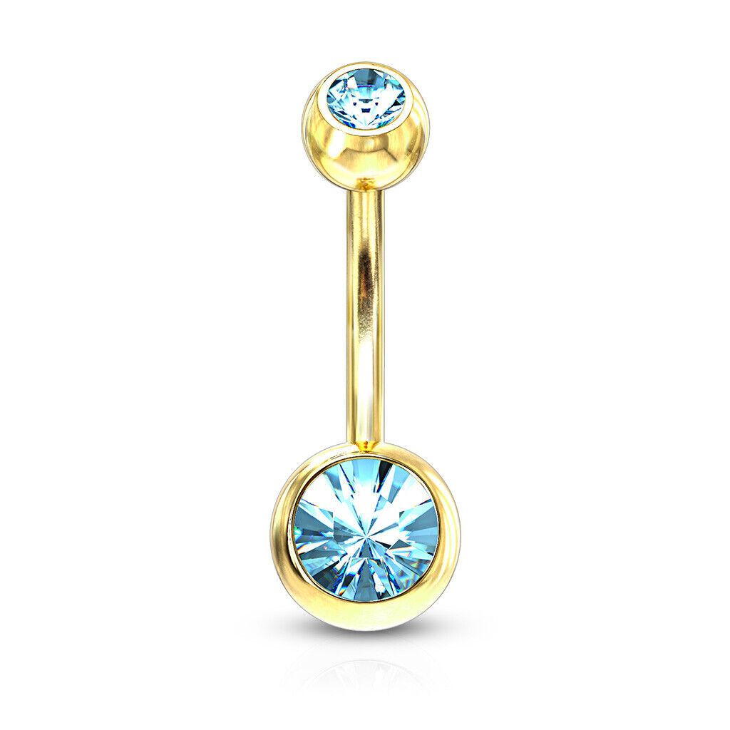 Gold Ion Plated Steel Double CZ Gem Ball Belly Ring Pierced Navel Naval