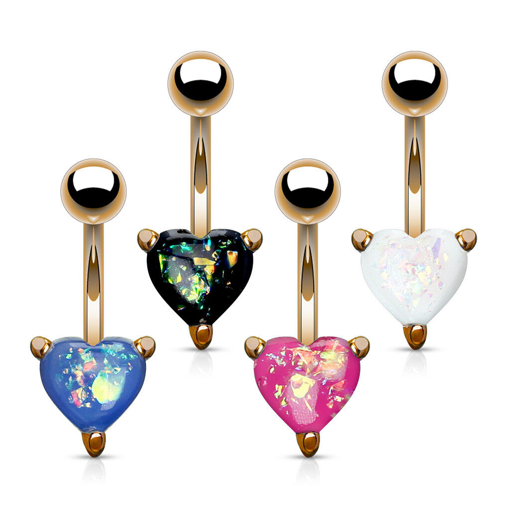 Solitaire Heart Opal Glitter Gem Belly Ring 316L Surgical Steel Navel Naval
