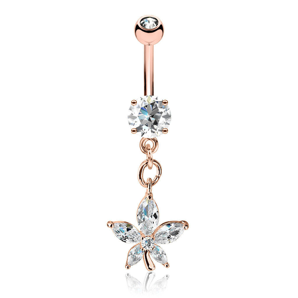 1pc Marquise Cut CZ Gem Flower Dangle Surgical Steel Belly Ring Navel Naval
