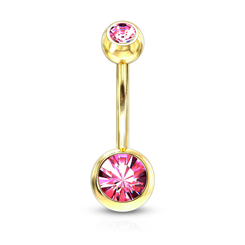 Gold Ion Plated Steel Double CZ Gem Ball Belly Ring Pierced Navel Naval