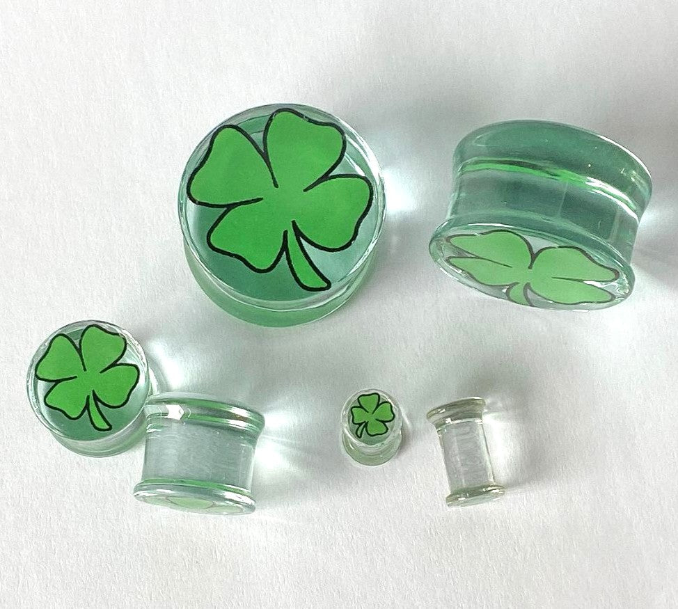 PAIR Green Shamrock Clover Glass Double Flare Plugs Gauges Tunnels Body Jewelry