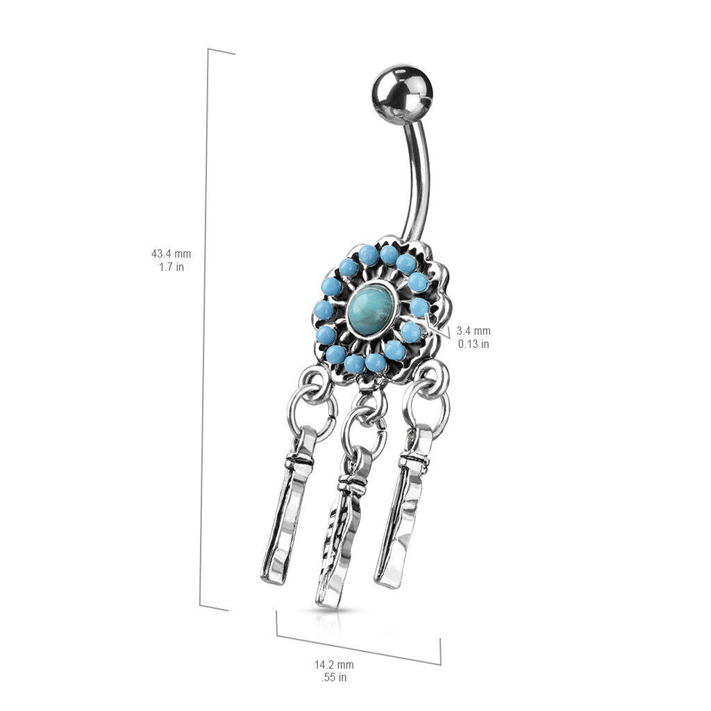 Turquoise Paved Dream Catcher Dreamcatcher Stone Belly Ring Pierced Naval Navel