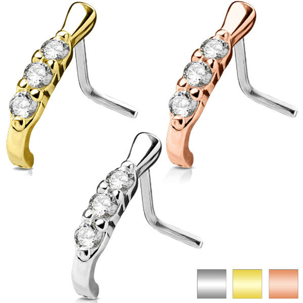 1pc 3-CZ Lined Nose Crawler L-Bend 20g Nose Ring Stud Screw 316L Surgical Steel