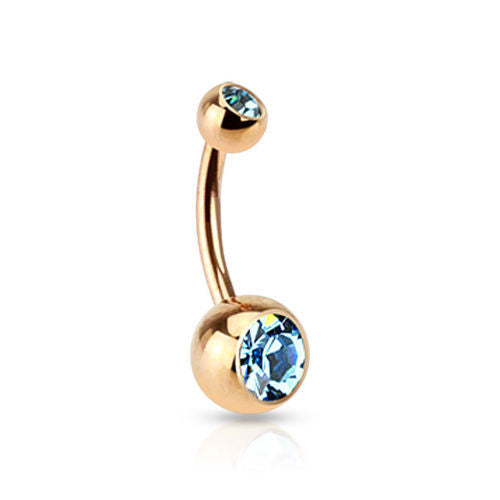 Rose Gold Plated Steel Double CZ Gem Ball Belly Ring Pierced Navel Naval