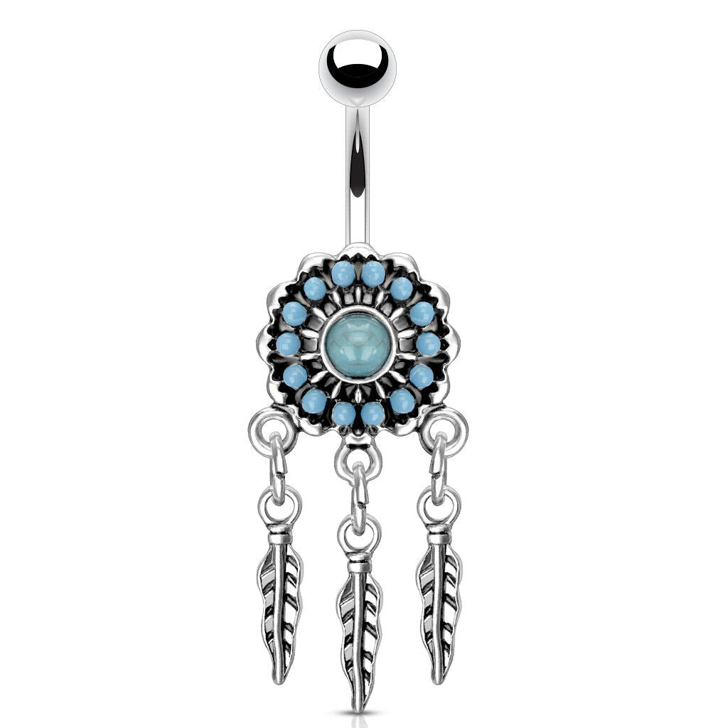 Turquoise Paved Dream Catcher Dreamcatcher Stone Belly Ring Pierced Naval Navel