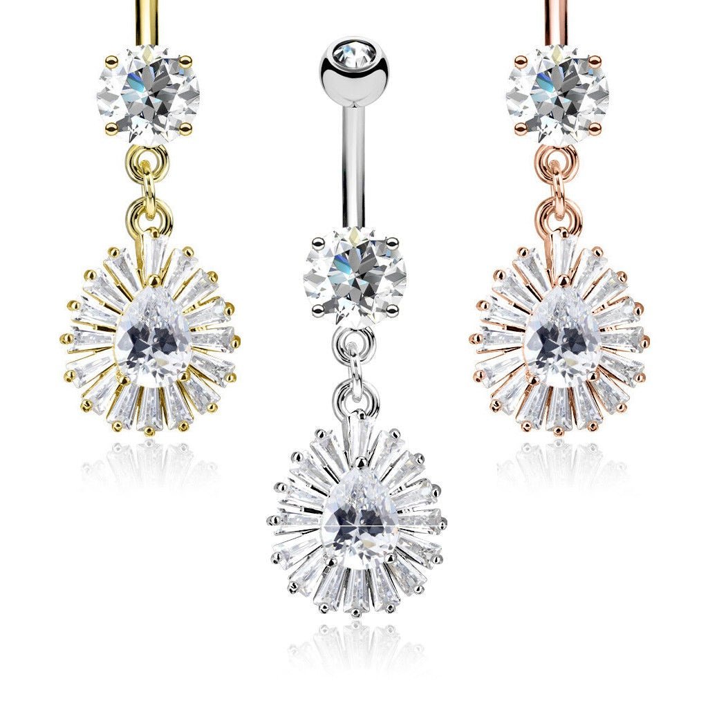 1pc Princess Cut CZ Gem Teardrop Dangle Surgical Steel Belly Ring Navel Naval