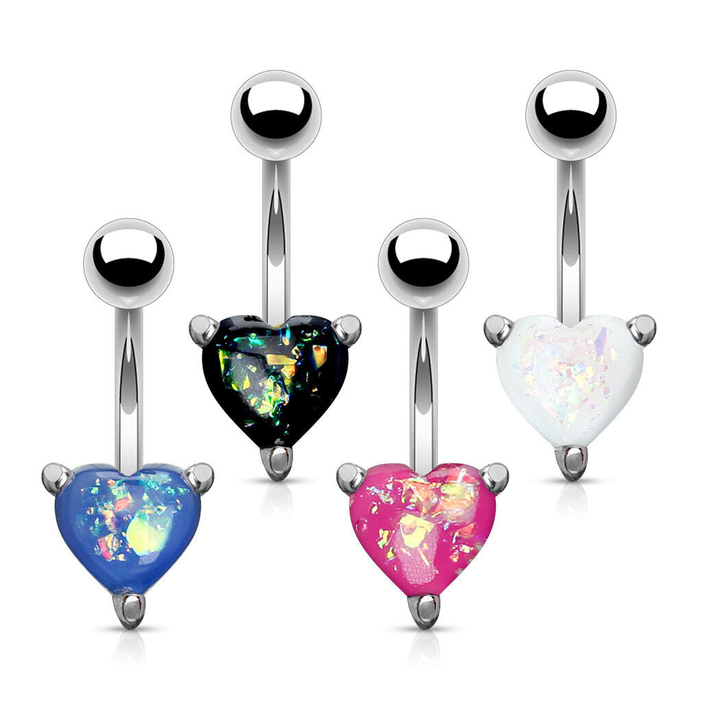 Solitaire Heart Opal Glitter Gem Belly Ring 316L Surgical Steel Navel Naval