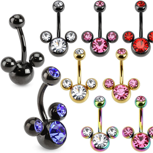 Mouse Triple CZ Gem Ion Plated Belly Ring Pierced Navel Naval Mickey Minnie