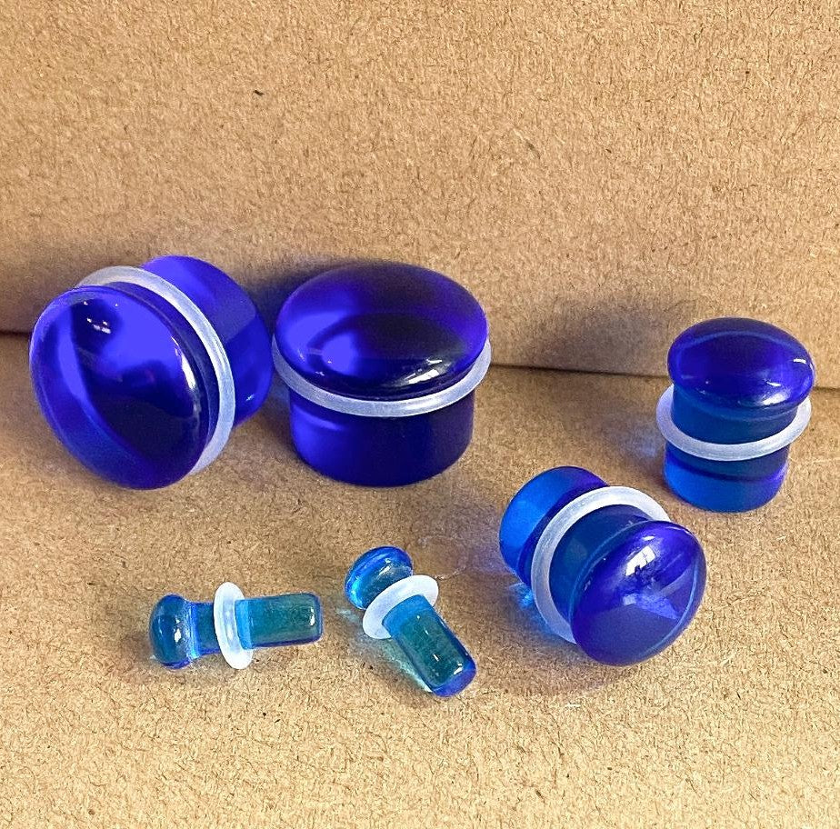 PAIR Blue Glass Single Flare Plugs Gauges Tunnels Earlets Body Piercing Jewelry