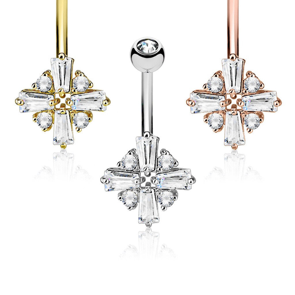 1pc Princess Cut CZ Gem Cross Surgical Steel Belly Ring Navel Naval