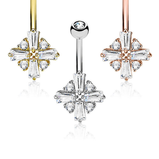 1pc Princess Cut CZ Gem Cross Surgical Steel Belly Ring Navel Naval