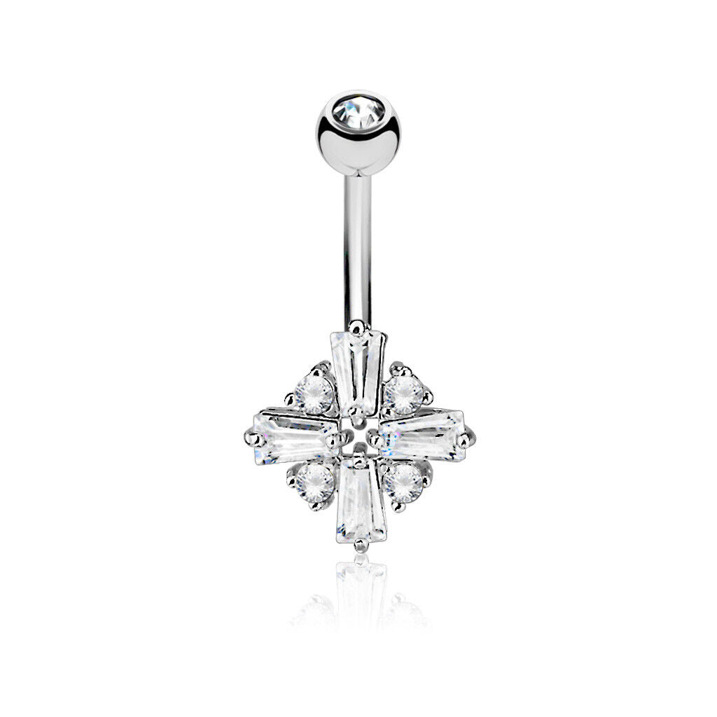 1pc Princess Cut CZ Gem Cross Surgical Steel Belly Ring Navel Naval