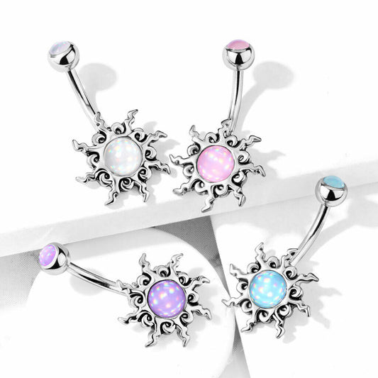 1pc Tribal Sun Illuminating Stone Surgical Steel Belly Ring Pierced Navel - Available Only In Pink