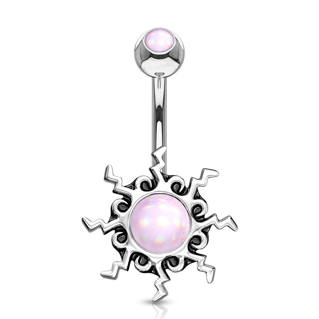 1pc Tribal Sun Illuminating Stone Surgical Steel Belly Ring Pierced Navel - Available Only In Pink